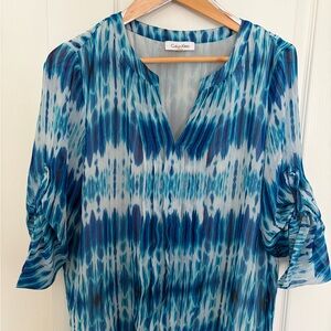 Calvin Klein Teal and White Women's Blouse Large